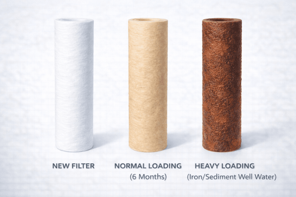 Comparison of three polypropylene sediment filters showing a white new filter, a light brown used filter (6 months), and a dark reddish-brown filter clogged with iron and rust from well water.
