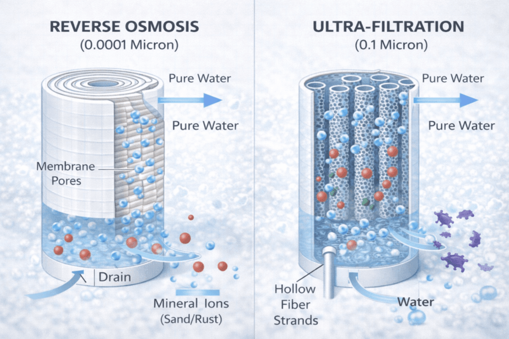 Technical infographic comparison of membrane filtration: Reverse Osmosis (0.0001 Micron) blocking minerals and chemicals to a drain, versus Ultra-Filtration (0.1 Micron) using hollow fibers to block bacteria while allowing minerals to pass through.