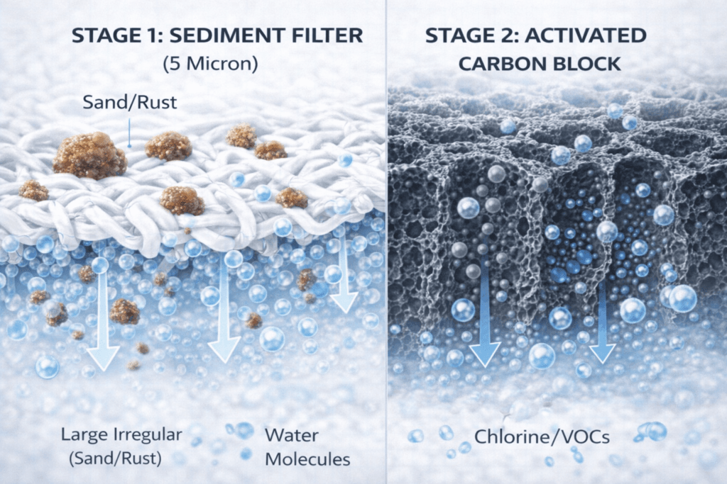Microscopic split-screen illustration comparing water filter media. Left panel: "STAGE 1: SEDIMENT FILTER (5 Micron)" trapping sand and rust particles on woven polypropylene fibers. Right panel: "STAGE 2: ACTIVATED CARBON BLOCK" showing adsorption of chlorine and VOC chemical molecules into porous carbon structures.
