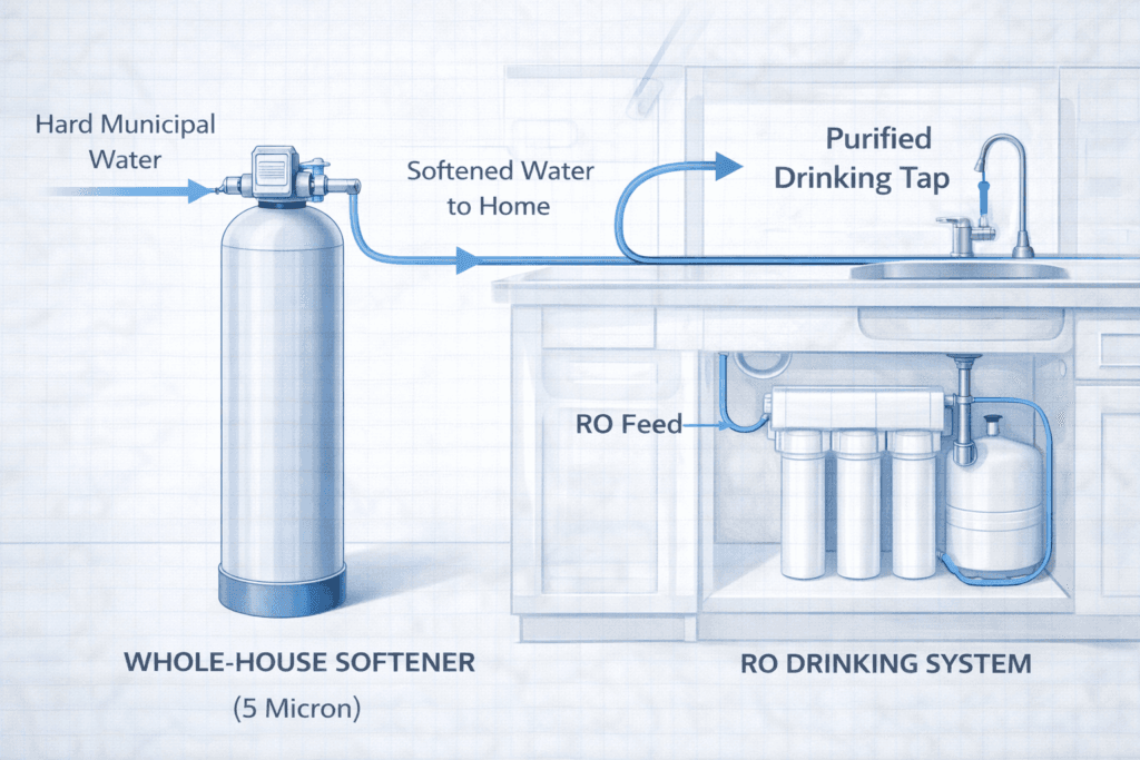 Photorealistic technical diagram showing a modern 4-stage under-sink water filtration system installed inside a kitchen base cabinet. Blue tubing connects the "Cold Water Feed" to the multi-stage "Filter Module" manifold, a pressurized storage tank in the corner, and a "Dedicated Purity Faucet" mounted on the countertop.