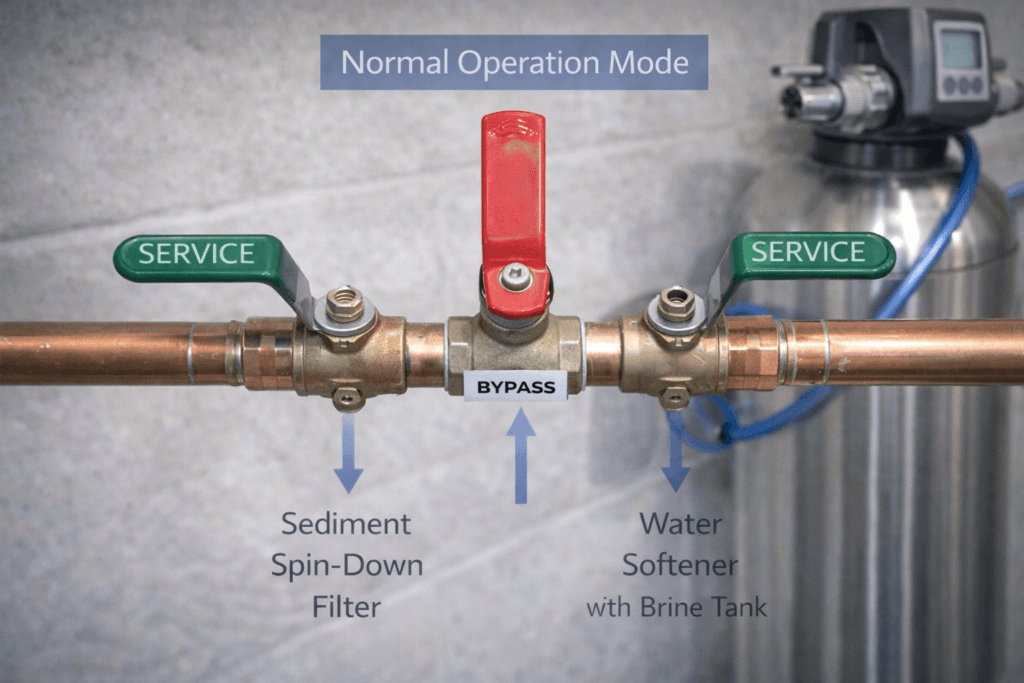 Water Filter Bypass Manifold Configuration: Normal Operation Mode Close-up of a three-valve bypass manifold in copper plumbing for a whole-house water filter. The central red bypass valve is closed (perpendicular) while the green inlet and outlet service valves are open (parallel), showing the system in normal operation mode.