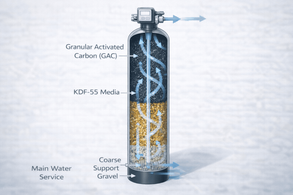 Upflow Whole-House Filtration Tank Cross-Section: GAC & KDF-55 Media Layers Technical cross-section illustration of an upflow whole-house filtration tank showing stratified layers of support gravel, golden KDF-55 media granules, and black granular activated carbon (GAC). Blue arrows indicate water flowing upward from the bottom distributor through the media bed to the top exit.