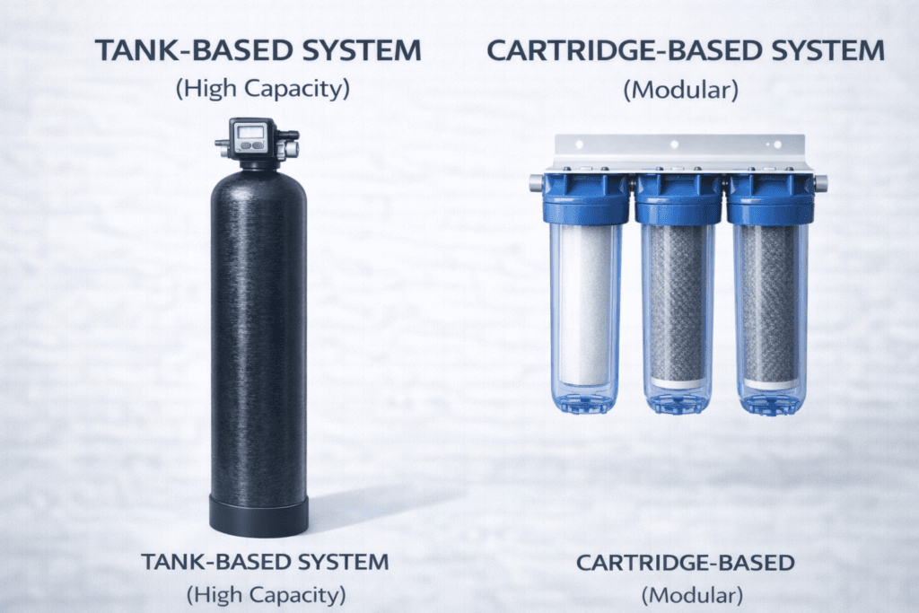 Whole-House Water Treatment Comparison: Tank-Based vs Modular Cartridge System Studio photograph comparing a tall black media tank labeled "TANK-BASED SYSTEM (High Capacity)" with an electronic valve, next to a wall-mounted metal bracket holding three clear blue filter housings labeled "CARTRIDGE-BASED SYSTEM (Modular)," all against a white background.