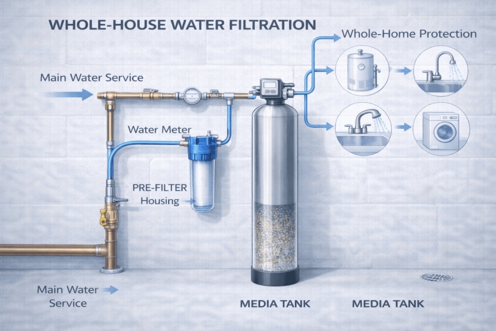 Whole-House Water Filtration System Installation Schematic Technical diagram of a whole-house water filtration system installed in a basement utility room, showing a stainless steel media tank and pre-filter connected to the main copper water line to protect the water heater, kitchen, shower, and laundry.