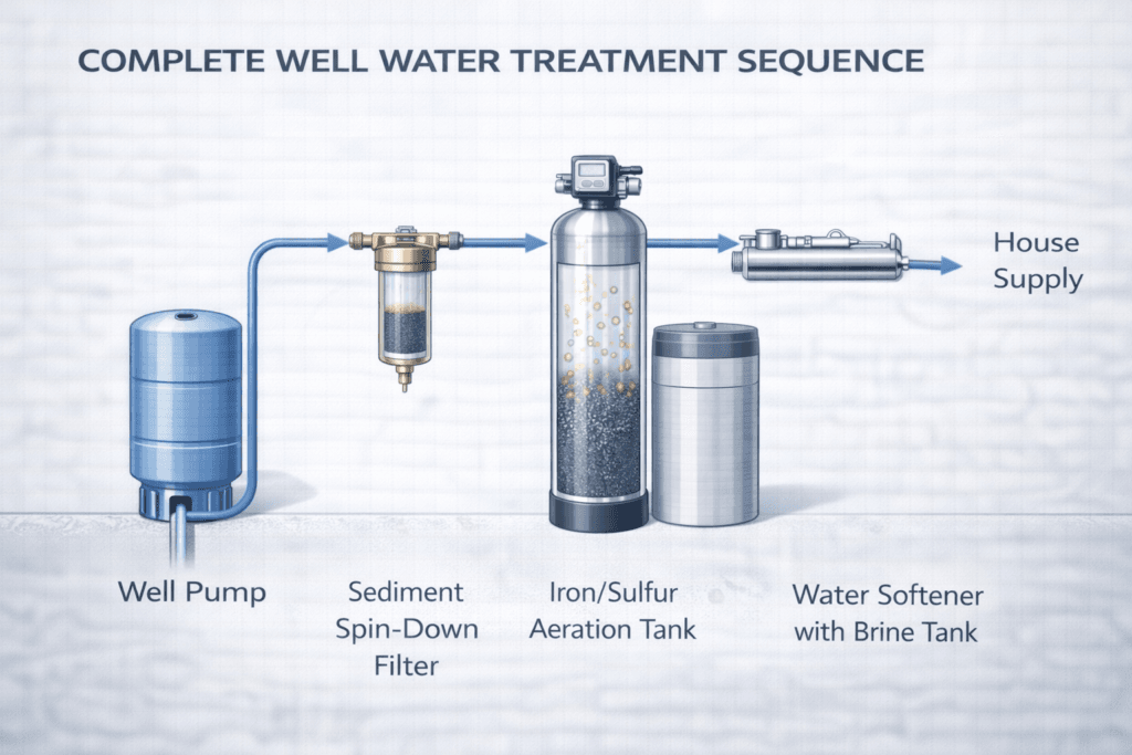 Complete Well Water Treatment System Schematic Blueprint Complete well water treatment sequence schematic blueprint showing the flow path from well pump and pressure tank through a sediment spin-down filter, iron/sulfur aeration tank, water softener with brine tank, and finally a stainless steel UV sterilizer chamber.
